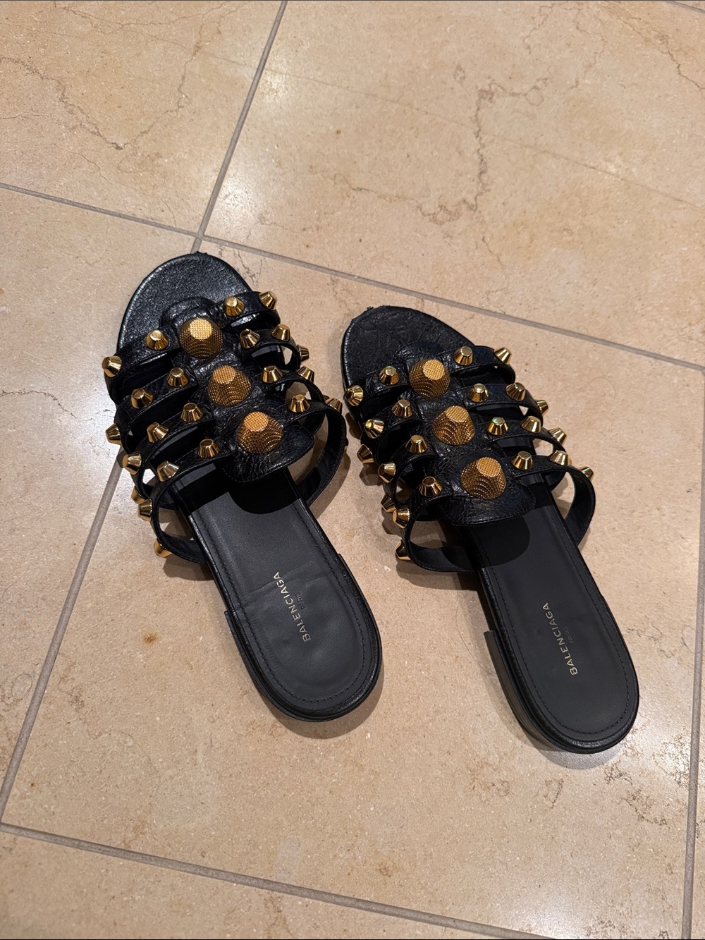 Balenciaga Black Leather Studded Slide Mules with Gold Accents